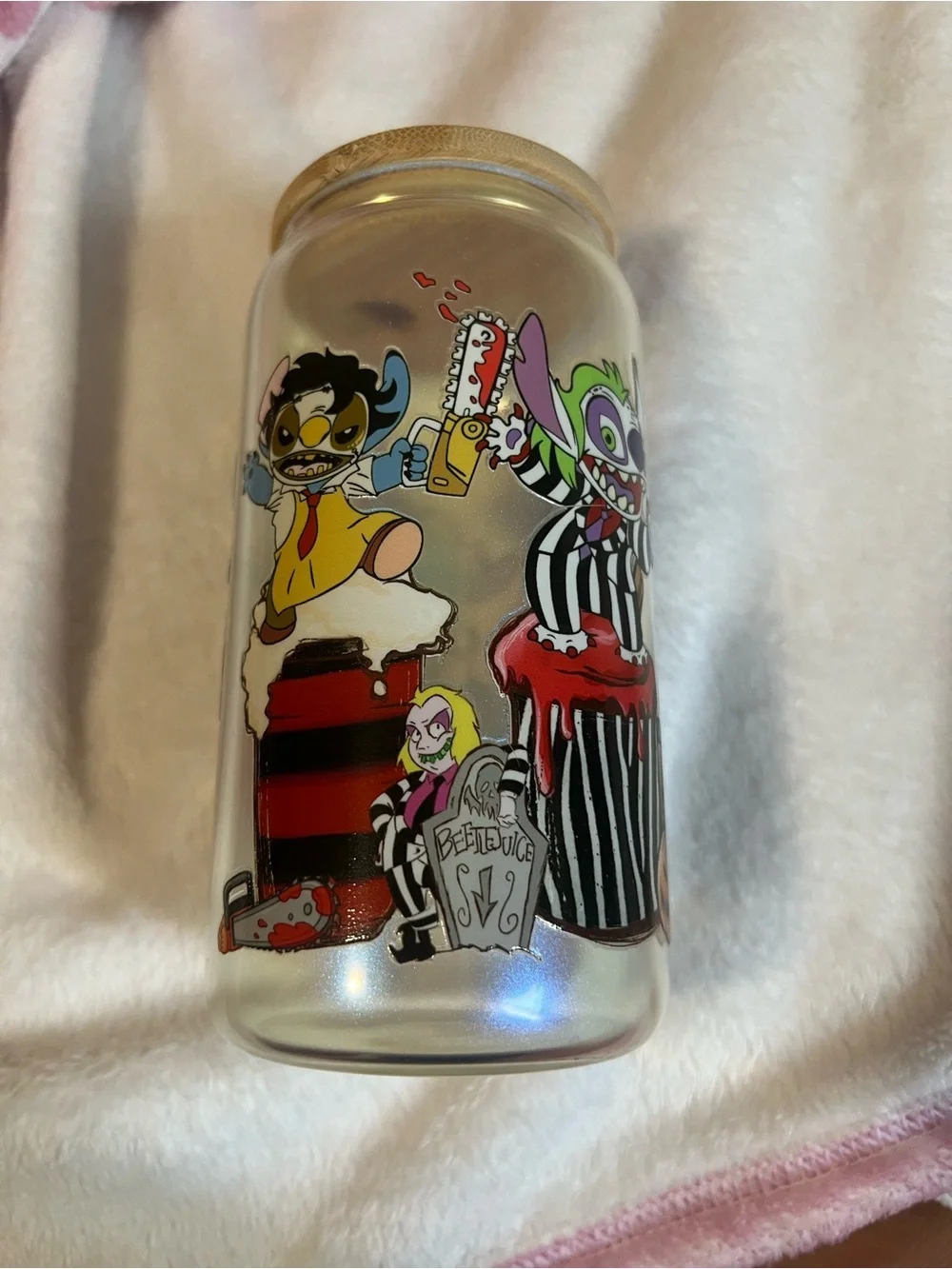 Halloween Horror Stitch Themed Decorative Glass Canister with Straw Top